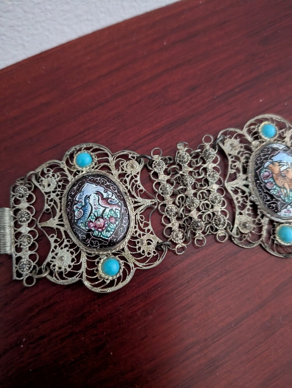 Vintage Persian/Iranian Filigree Bracelet Hand Painted Enamel Bird Deer Panels - Picture 6 of 9